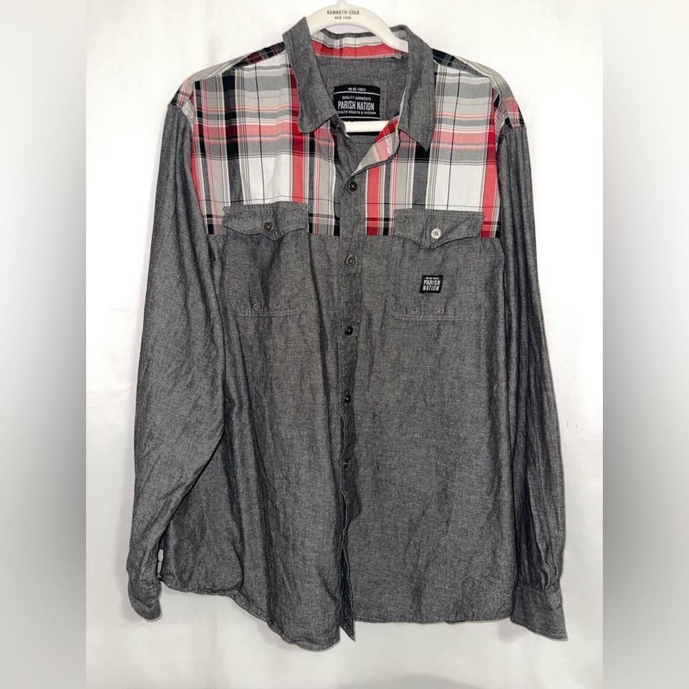 Parish Nation Shirt Long Sleeve Plaid Gray Elbow Patches Pockets Men’s Size  2XL - Picture 2 of 9